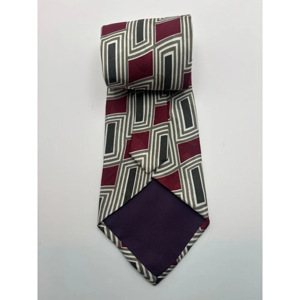 AXXA Mens Geometric Necktie Burgundy Grey Black Rectangular Pattern Silk Blend
